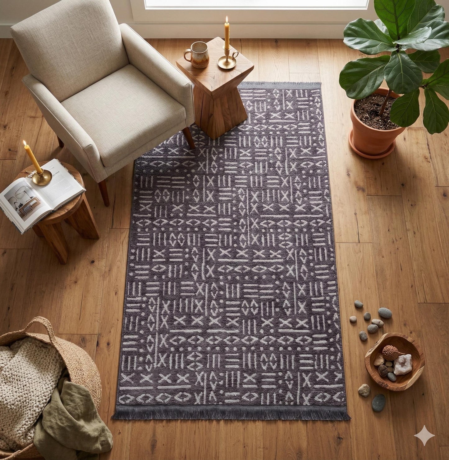 Charcoal Boho Runner Rug – Tribal Geometric Pattern, Fringe, Non-Slip (Machine Washable)