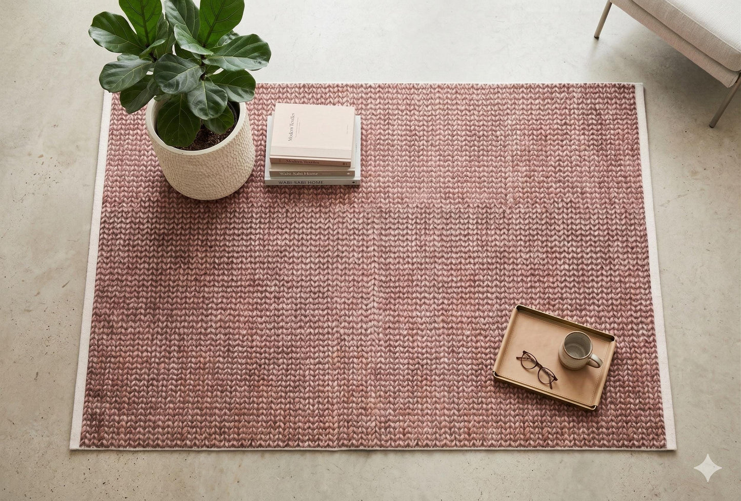 Dusty Rose Chunky Knit Print Area Rug – Washable Boho Faux Wool Weave Home Decor
