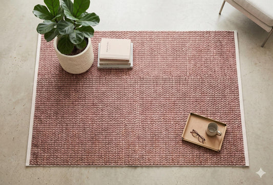 Dusty Rose Chunky Knit Print Area Rug – Washable Boho Faux Wool Weave Home Decor