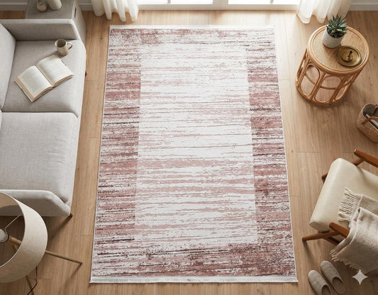 Washable Boho Area Rug – Distressed Rose Gold Abstract Carpet, Non-Slip Thin Living Room Rug