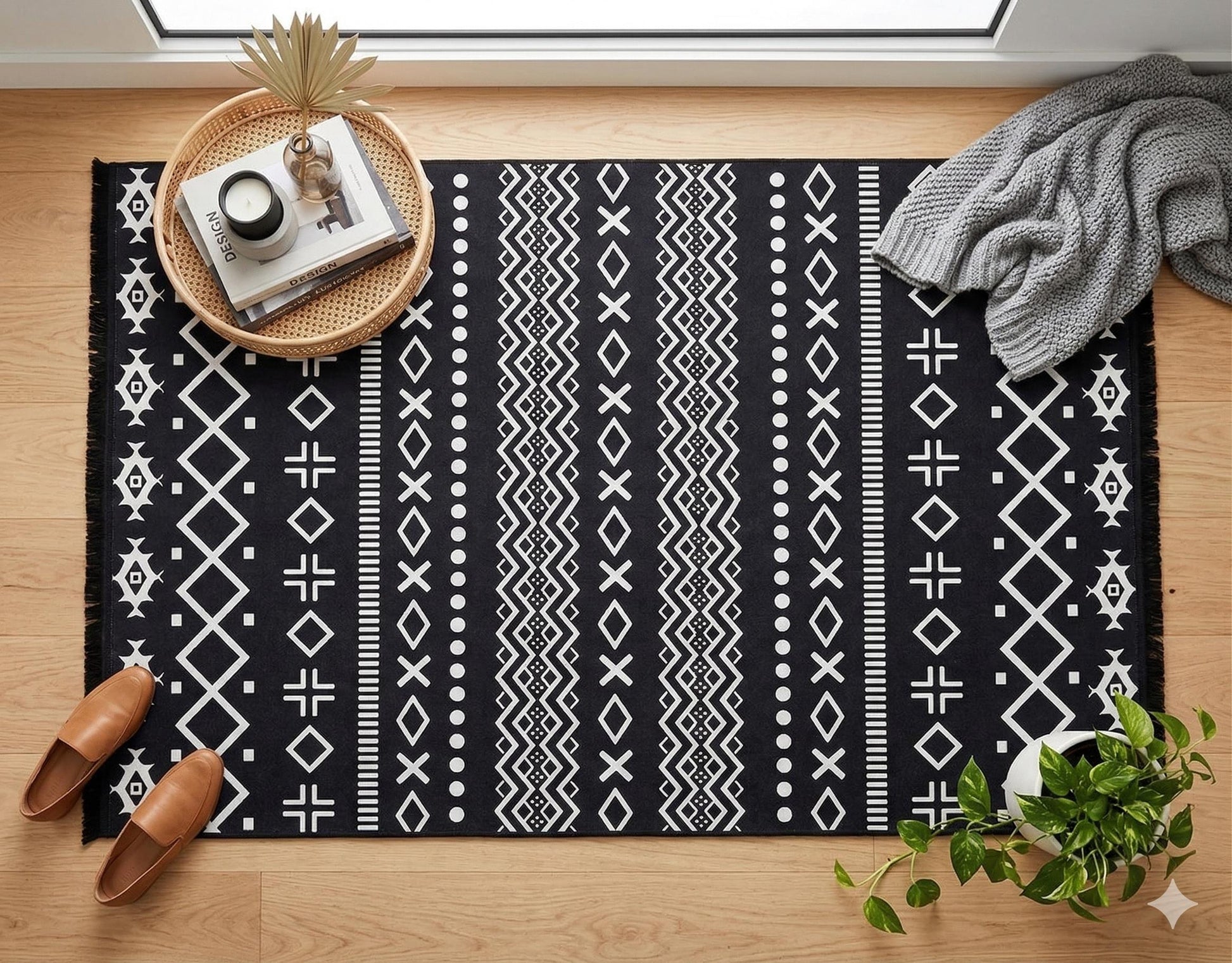 Black White Tribal Geometric Rug, Modern Boho Living Room Carpet, Washable Ethnic Pattern Decor