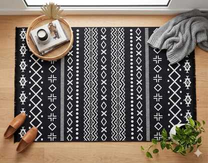 Black White Tribal Geometric Rug, Modern Boho Living Room Carpet, Washable Ethnic Pattern Decor