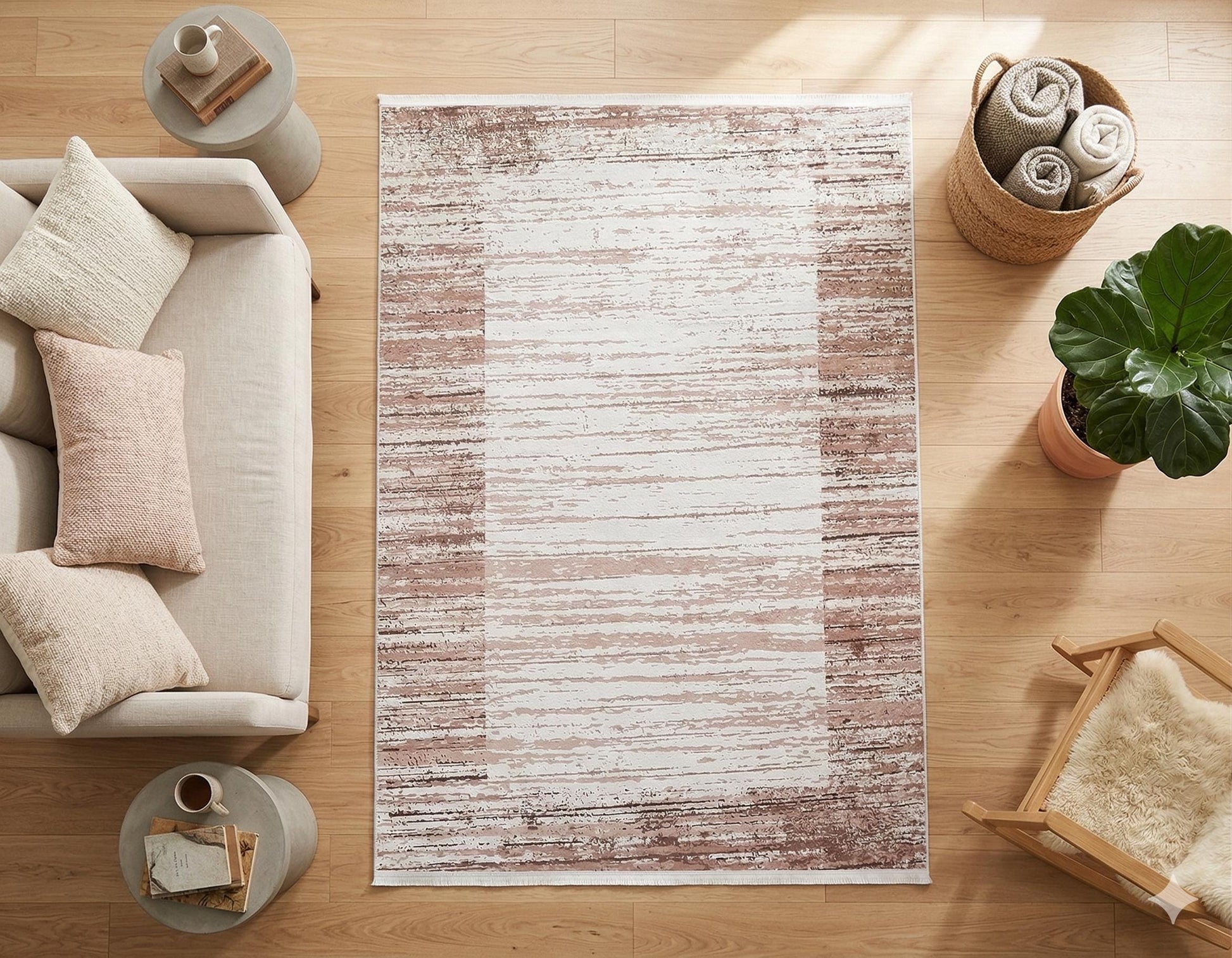 Washable Boho Area Rug – Distressed Rose Gold Abstract Carpet, Non-Slip Thin Living Room Rug