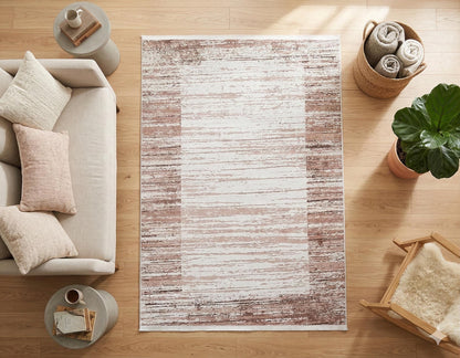 Washable Boho Area Rug – Distressed Rose Gold Abstract Carpet, Non-Slip Thin Living Room Rug
