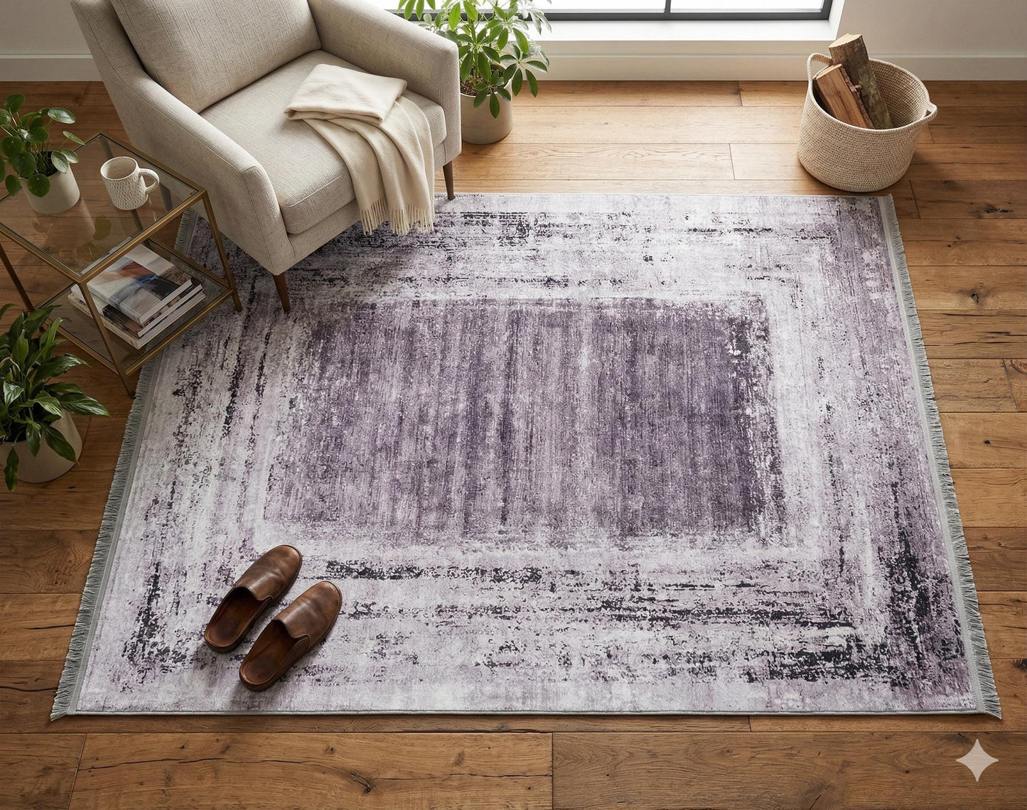 Distressed Gray Purple Abstract Area Rug, Washable Boho Carpet, Vintage Framed Design