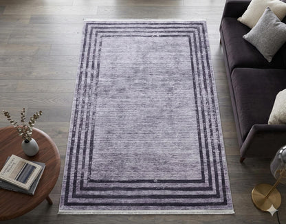 Modern Distressed Border Area Rug, Gray Charcoal Fringed Carpet, Washable Thin Living Room Rug