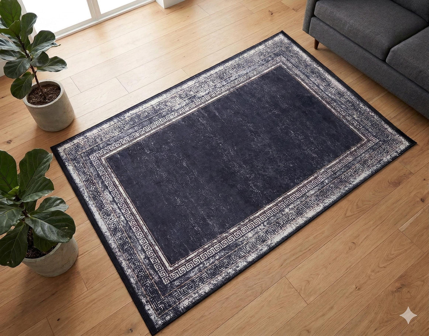 Navy Blue Greek Key Distressed Area Rug – Machine Washable Living Room Carpet