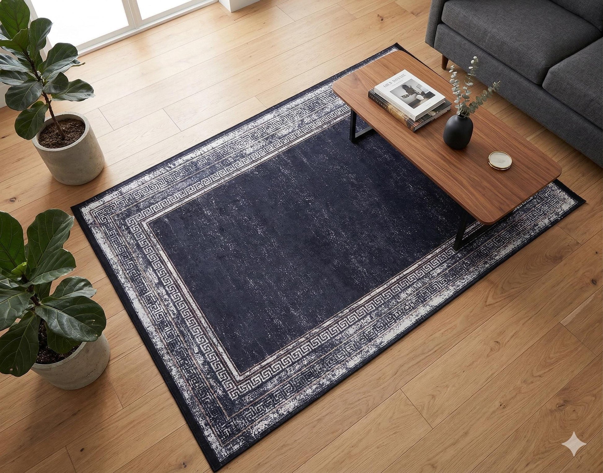 Navy Blue Greek Key Distressed Area Rug – Machine Washable Living Room Carpet