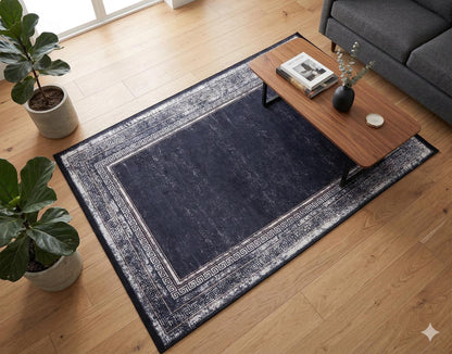 Navy Blue Greek Key Distressed Area Rug – Machine Washable Living Room Carpet