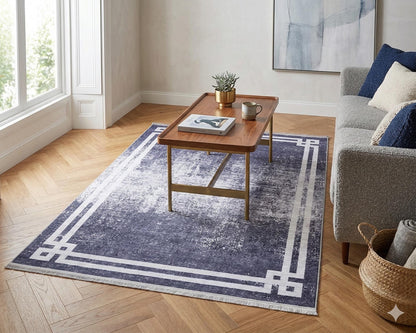 Modern Distressed Navy Blue & White Washable Area Rug – Faded Transitional Geometric Border Design