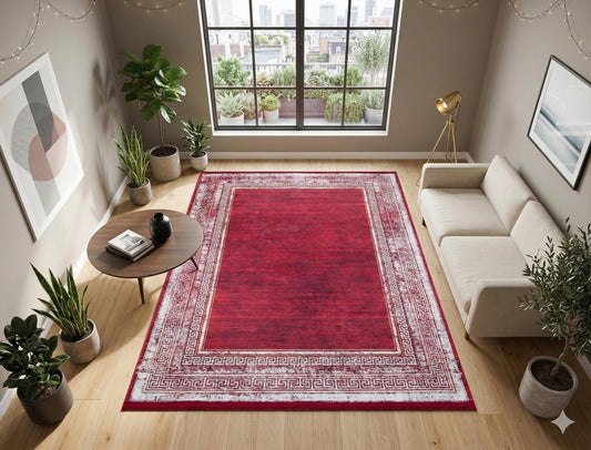 Distressed Red Greek Key Area Rug | Crimson Oriental Carpet, Meander Border