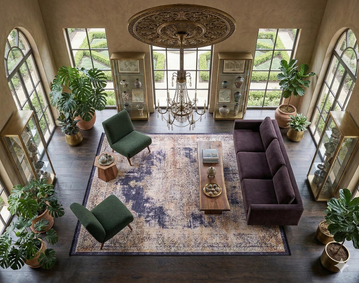 Distressed Persian Medallion Area Rug – Navy, Gold, Cream – Washable, Non-Slip Carpet