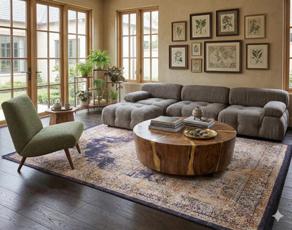 Distressed Persian Medallion Area Rug – Navy, Gold, Cream – Washable, Non-Slip Carpet