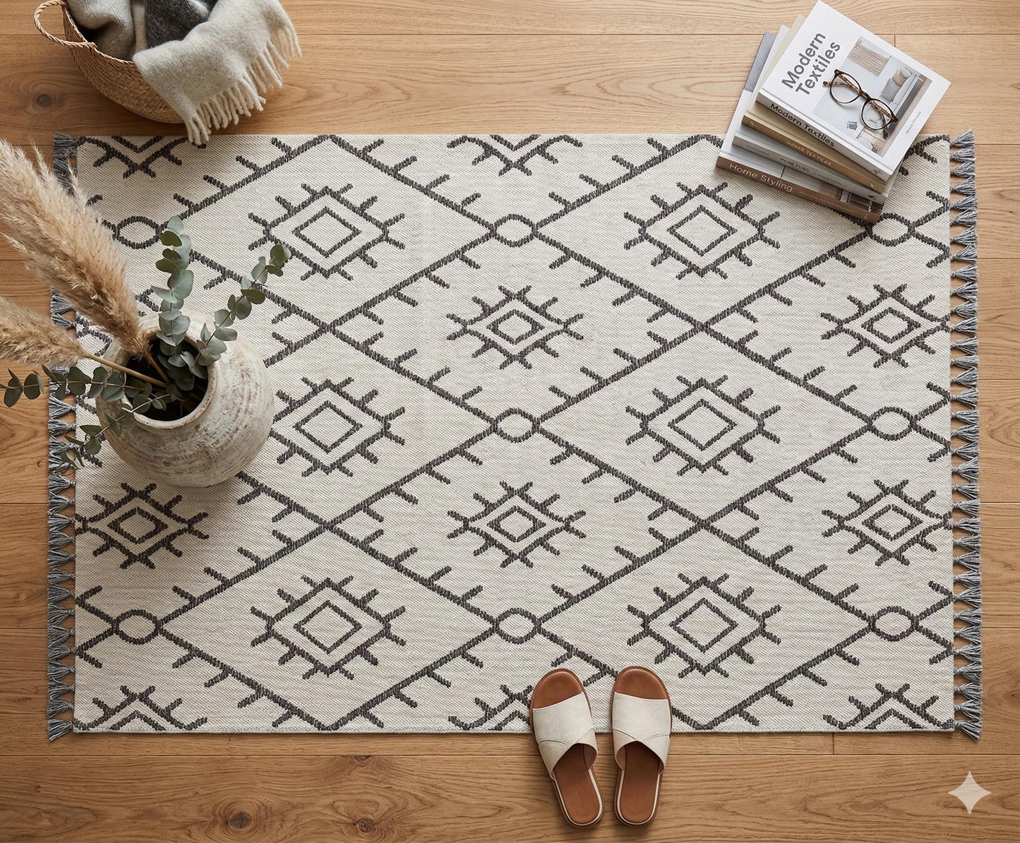 Washable Chenille Area Rug, Neutral Boho Geometric Tribal Carpet, Farmhouse Living Room Décor