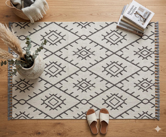 Washable Chenille Area Rug, Neutral Boho Geometric Tribal Carpet, Farmhouse Living Room Décor