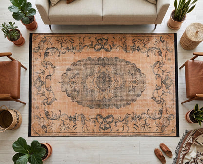 Distressed Medallion Area Rug – Turkish Style Terracotta Oriental Carpet