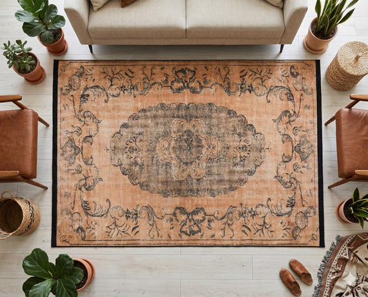 Distressed Medallion Area Rug – Turkish Style Terracotta Oriental Carpet