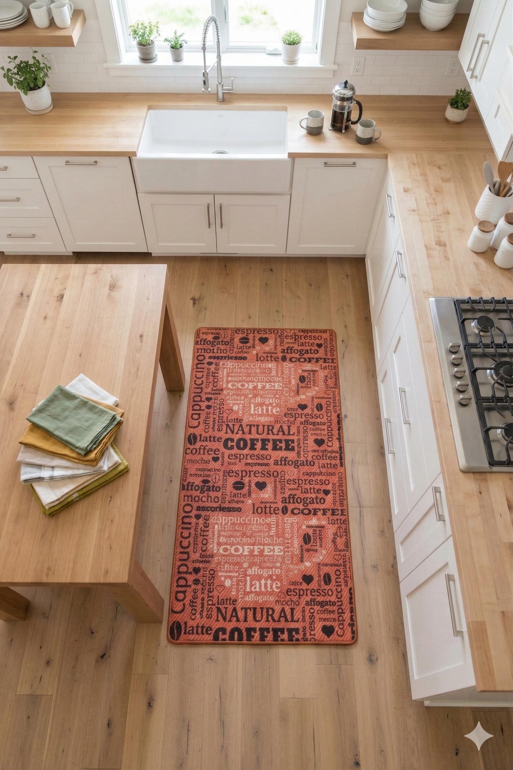 Title: Terracotta Coffee Typography Washable Kitchen Runner – Non-Slip Anti-Fatigue Rug for Coffee Lovers