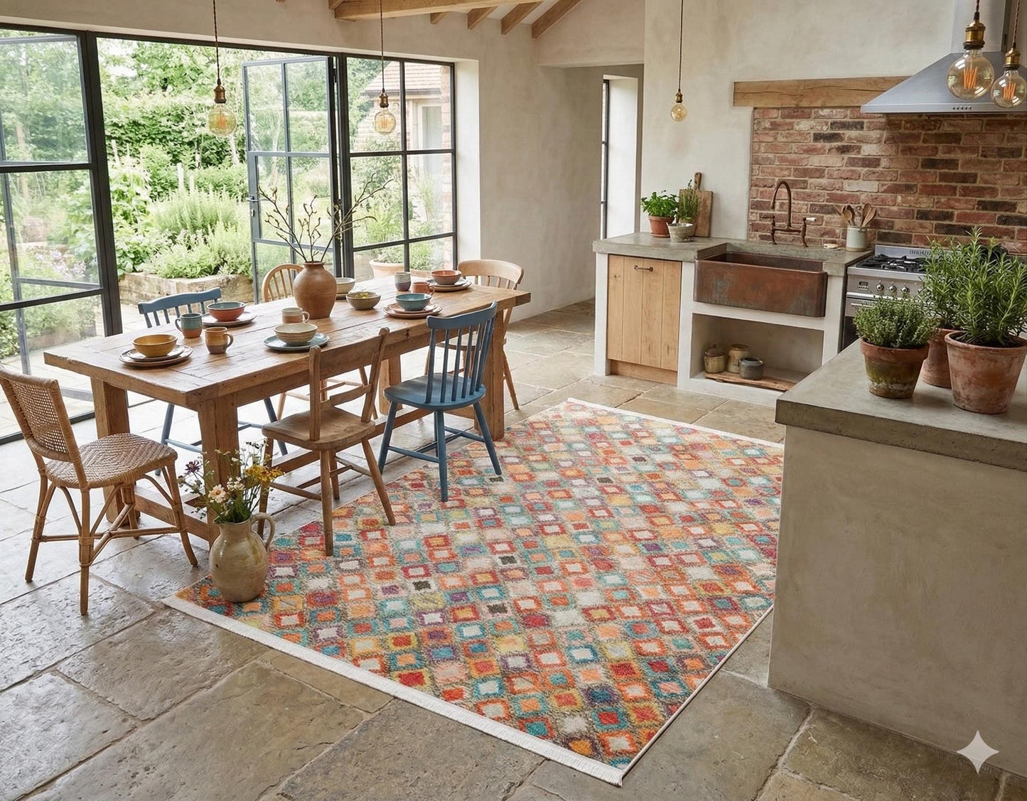 Vibrant Geometric Diamond Rug – Washable Mid-Century Boho Fringed Area Rug