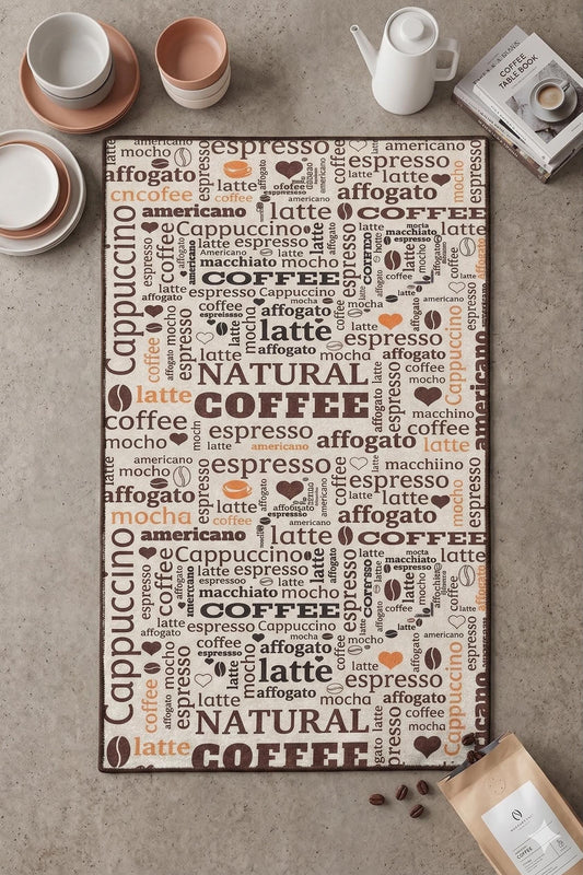 Coffee Typography Kitchen Mat – Washable Espresso Latte Art Runner Rug