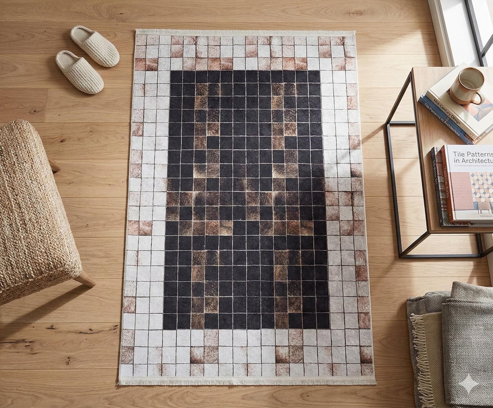 Modern Industrial Mosaic Rug | Black Earth Tone Pixelated Non-Slip Carpet