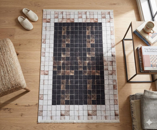 Modern Industrial Mosaic Rug | Black Earth Tone Pixelated Non-Slip Carpet