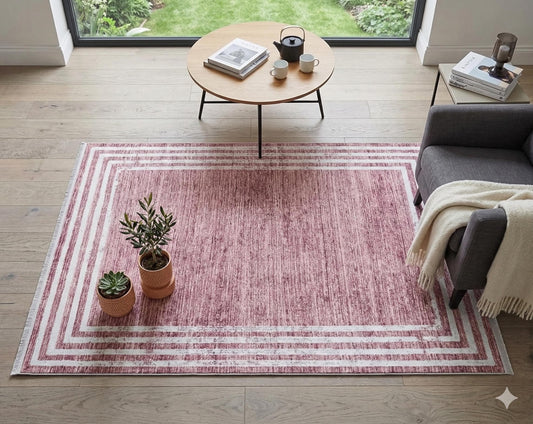 Distressed Rose Pink Bordered Area Rug – Machine Washable Modern Bohemian Carpet