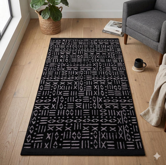 Mudcloth Runner Rug – Black Cream Geometric Tribal Boho Entryway Mat