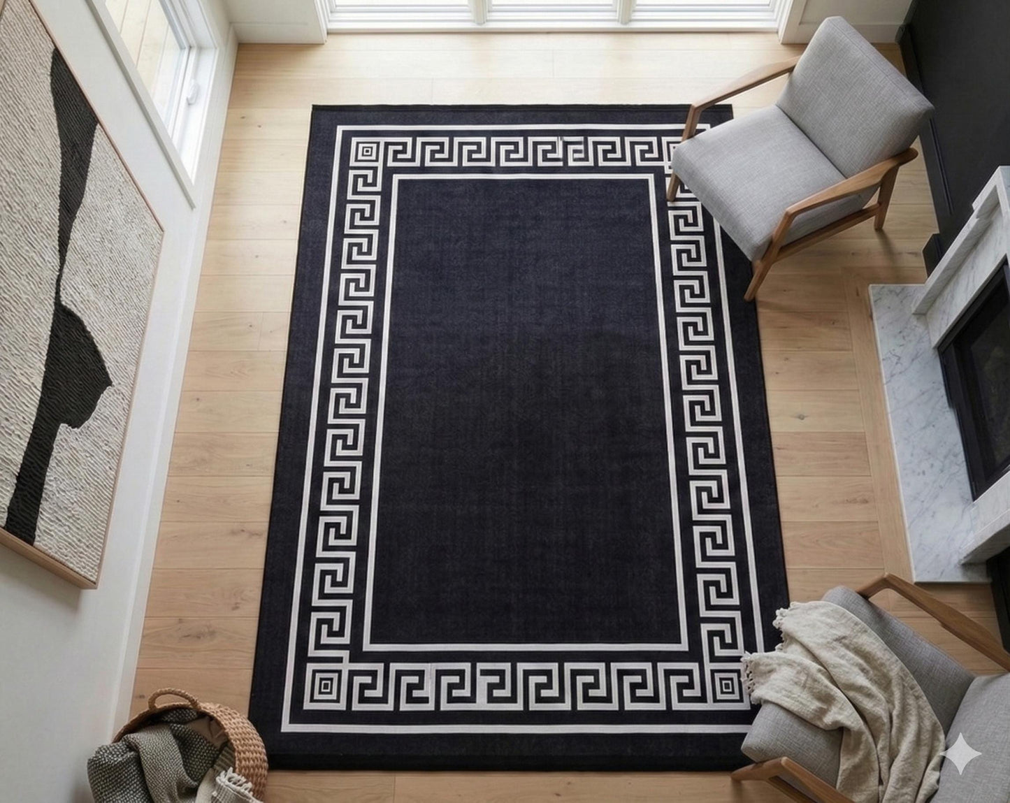 Black White Greek Key Area Rug – Modern Minimalist Meander Living Room Carpet