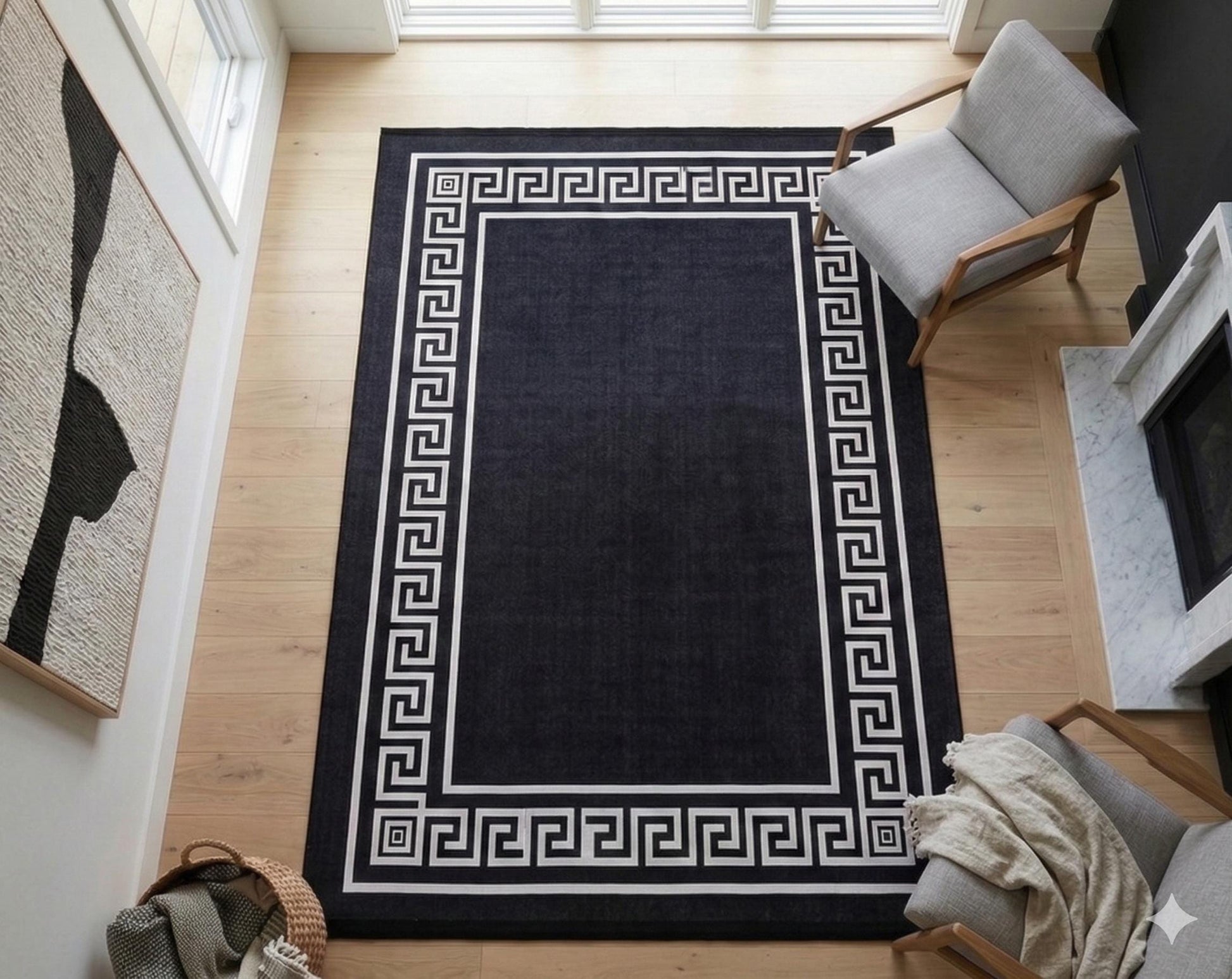 Black White Greek Key Area Rug – Modern Minimalist Meander Living Room Carpet