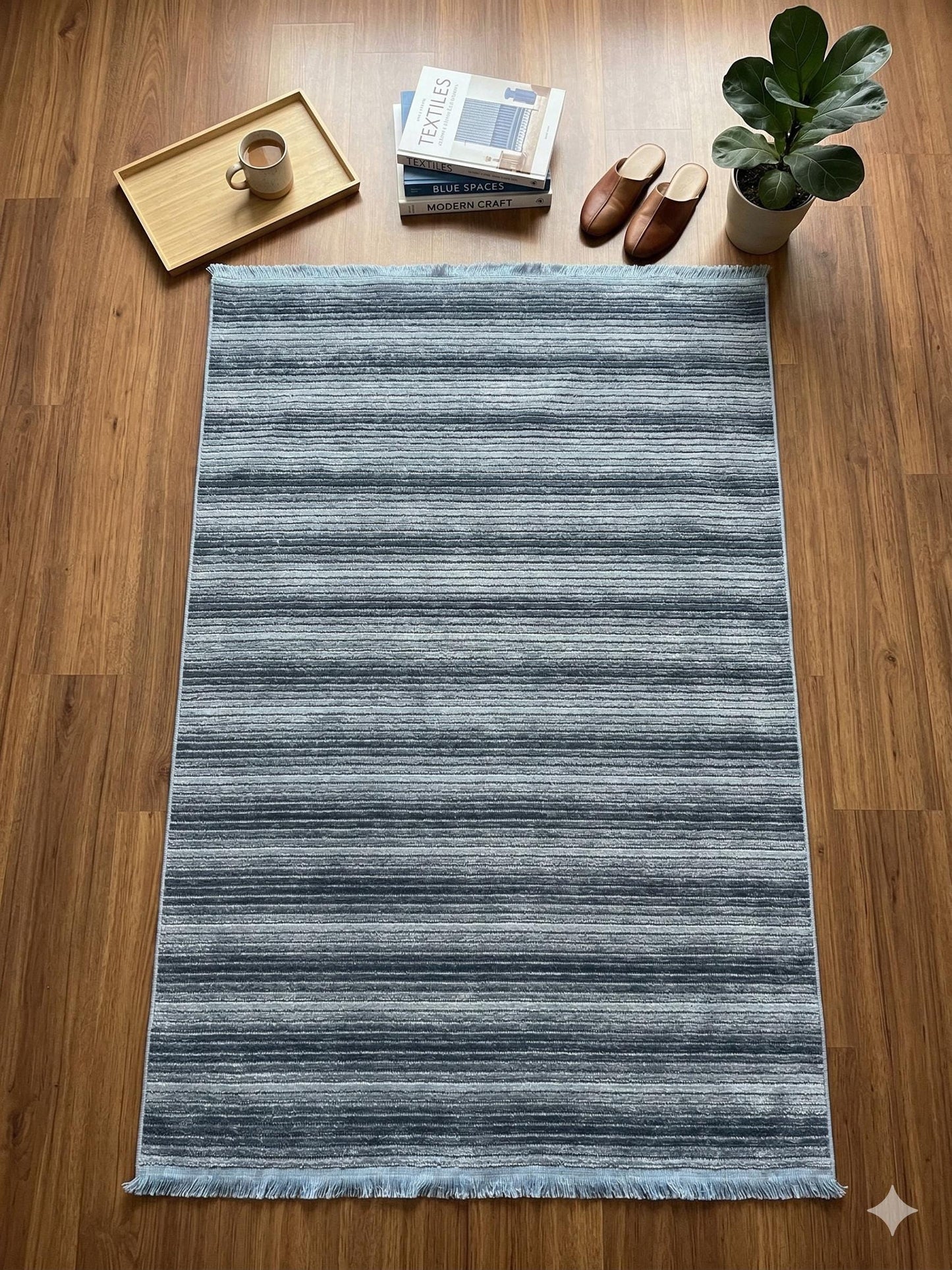 Modern Blue Striped Area Rug – Textured Contemporary Floor Carpet for Living Room & Office