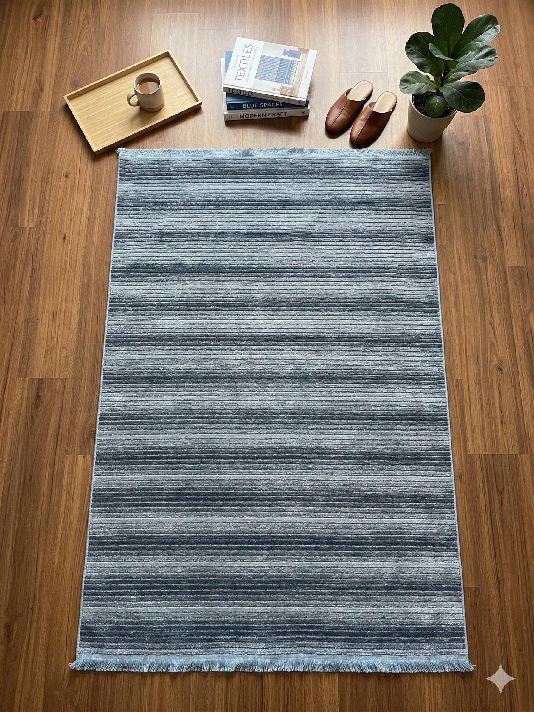Modern Blue Striped Area Rug – Textured Contemporary Floor Carpet for Living Room & Office