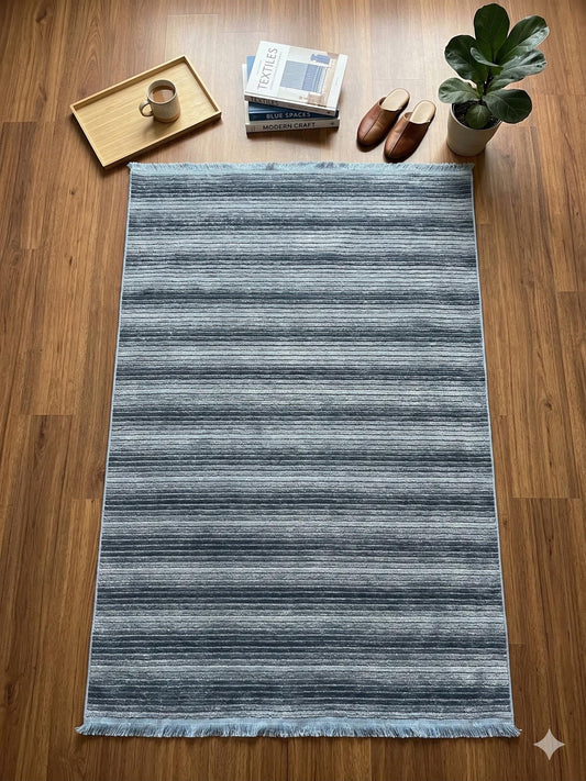 Modern Blue Striped Area Rug – Textured Contemporary Floor Carpet for Living Room & Office