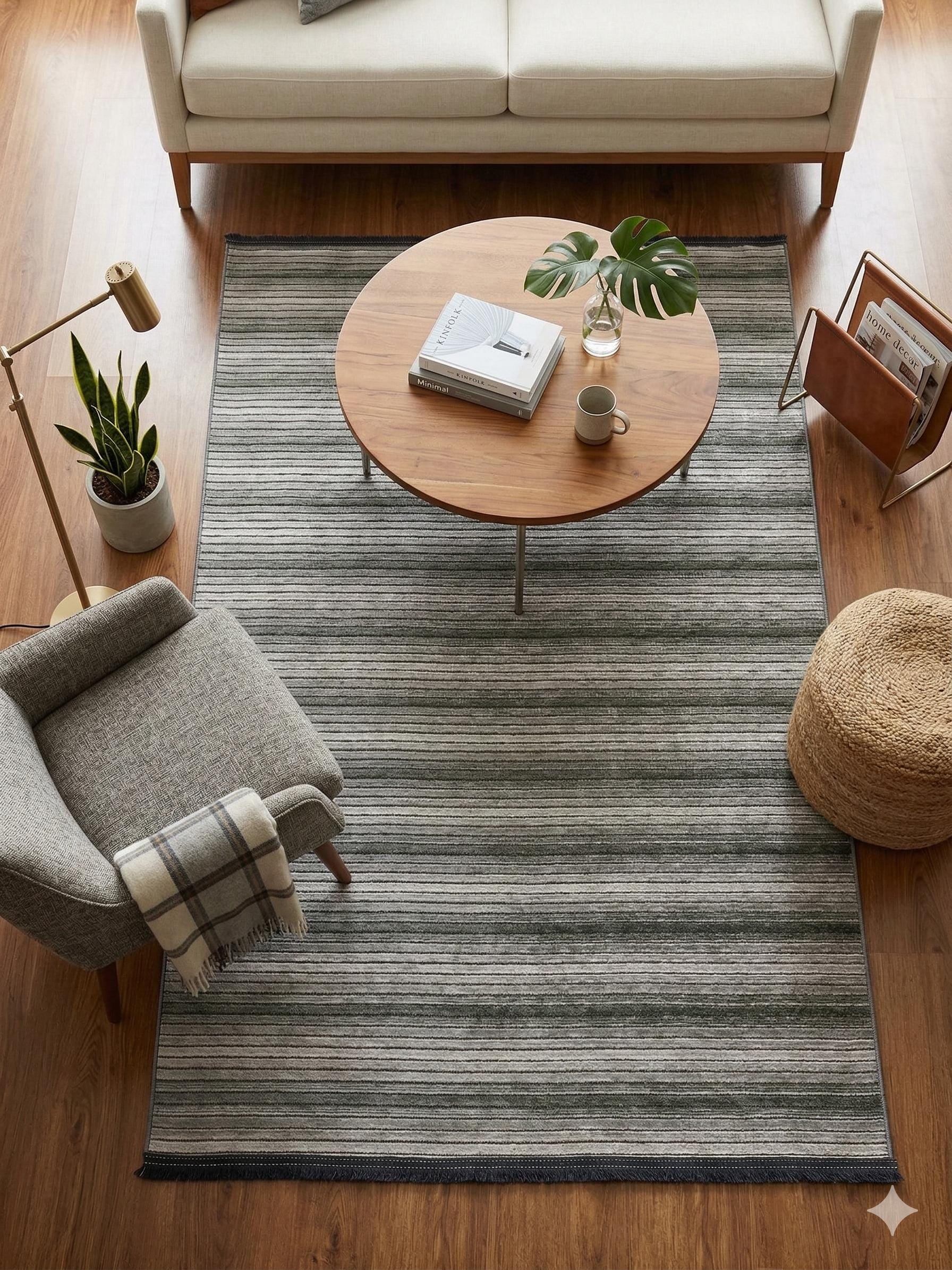 Modern Silver Striped Area Rug – Textured Contemporary Floor Carpet for Living Room & Office