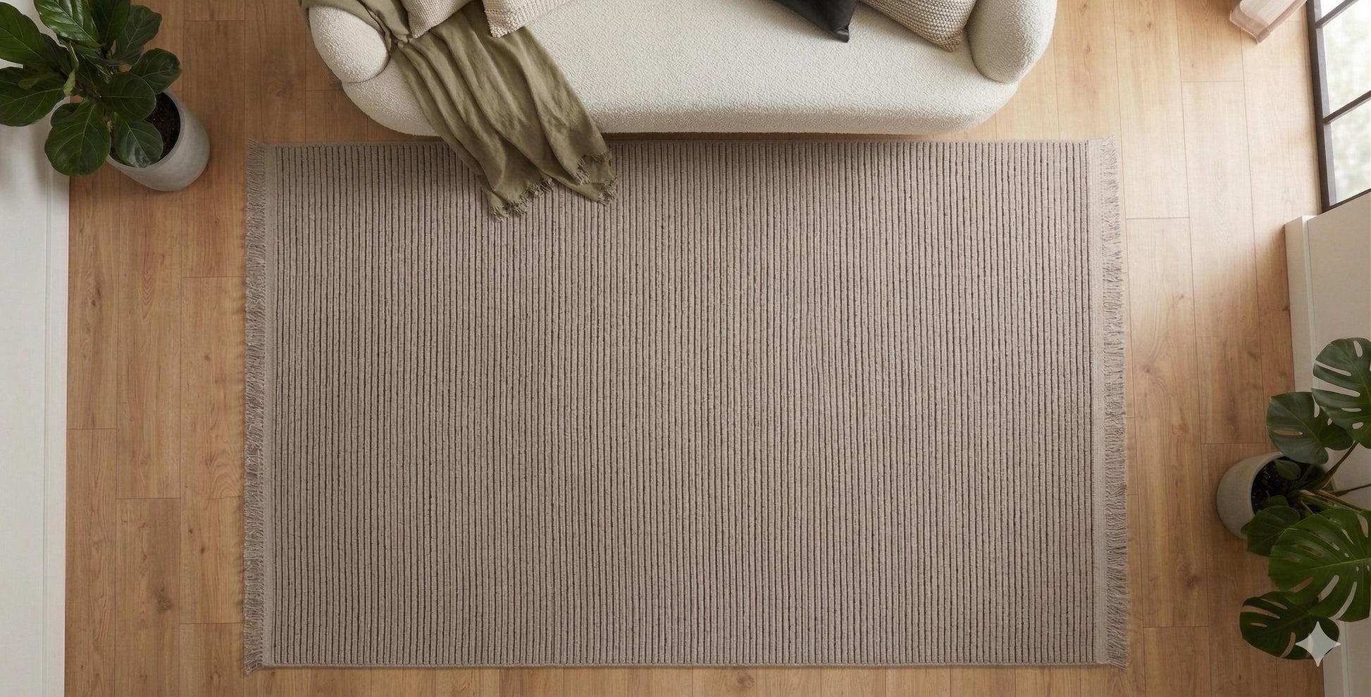 Modern Ribbed Area Rug – Beige Taupe Striped Carpet, Hand-Woven Cotton Blend, Scandi Style
