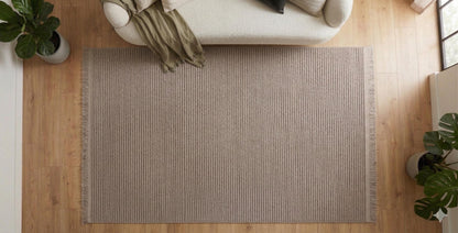 Modern Ribbed Area Rug – Beige Taupe Striped Carpet, Hand-Woven Cotton Blend, Scandi Style
