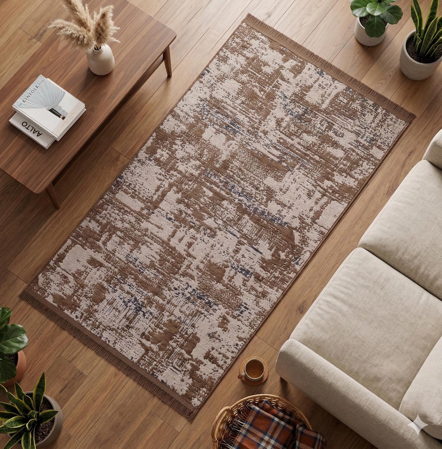 Distressed Abstract Area Rug, Earth Tone Boho Neutral Decor, Washable Cotton Mat