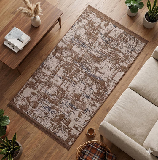 Distressed Abstract Area Rug, Earth Tone Boho Neutral Decor, Washable Cotton Mat