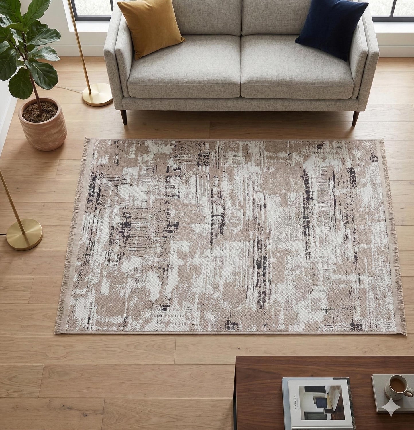 Washable Abstract Area Rug – Distressed Beige & Grey Boho Farmhouse Carpet