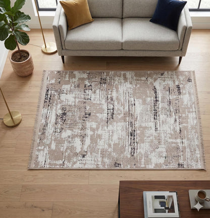 Washable Abstract Area Rug – Distressed Beige & Grey Boho Farmhouse Carpet