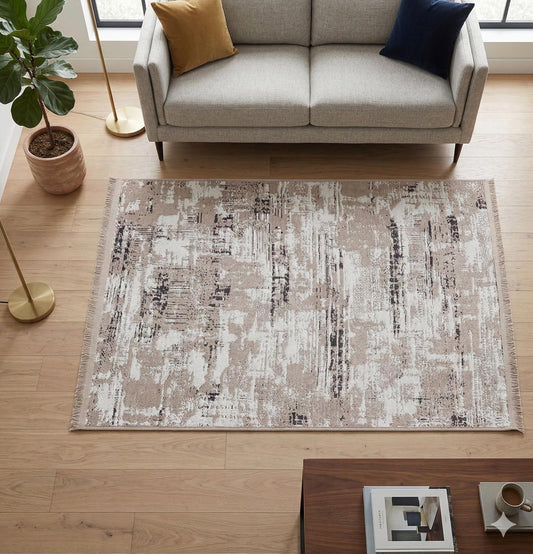Washable Abstract Area Rug – Distressed Beige & Grey Boho Farmhouse Carpet