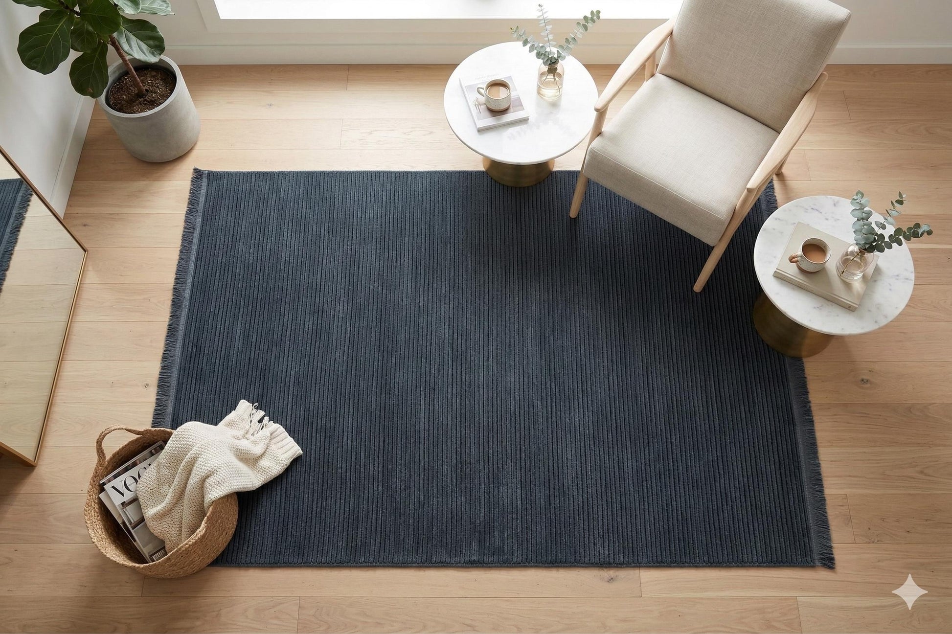 Washable Navy Blue Ribbed Area Rug – Modern Textured Cotton Carpet with Fringe