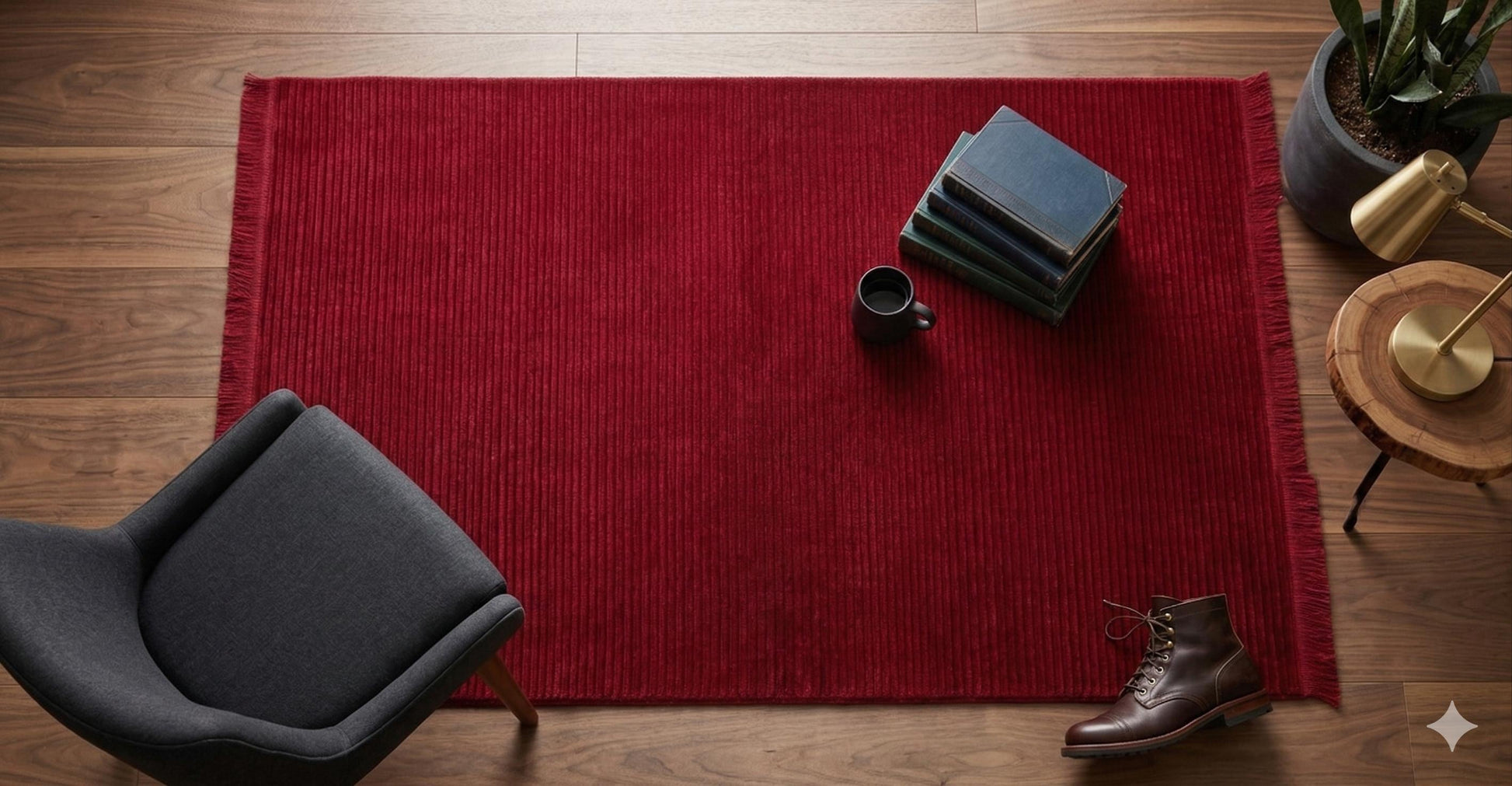 Deep Crimson Ribbed Washable Area Rug – Modern Corduroy Texture, Soft Cotton Feel