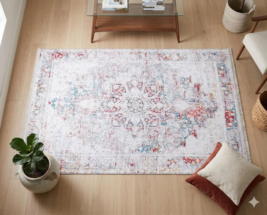 Washable Distressed Persian Area Rug – Boho Medallion Living Room Carpet