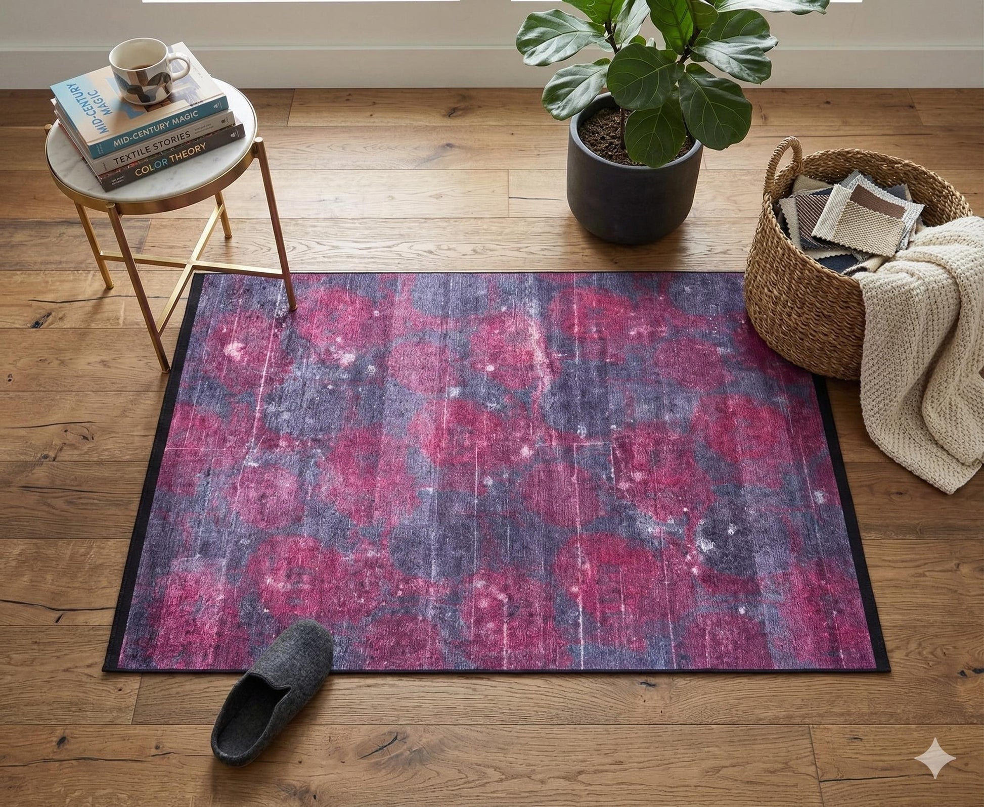Washable Abstract Area Rug – Moody Purple Magenta Distressed Boho Home Decor