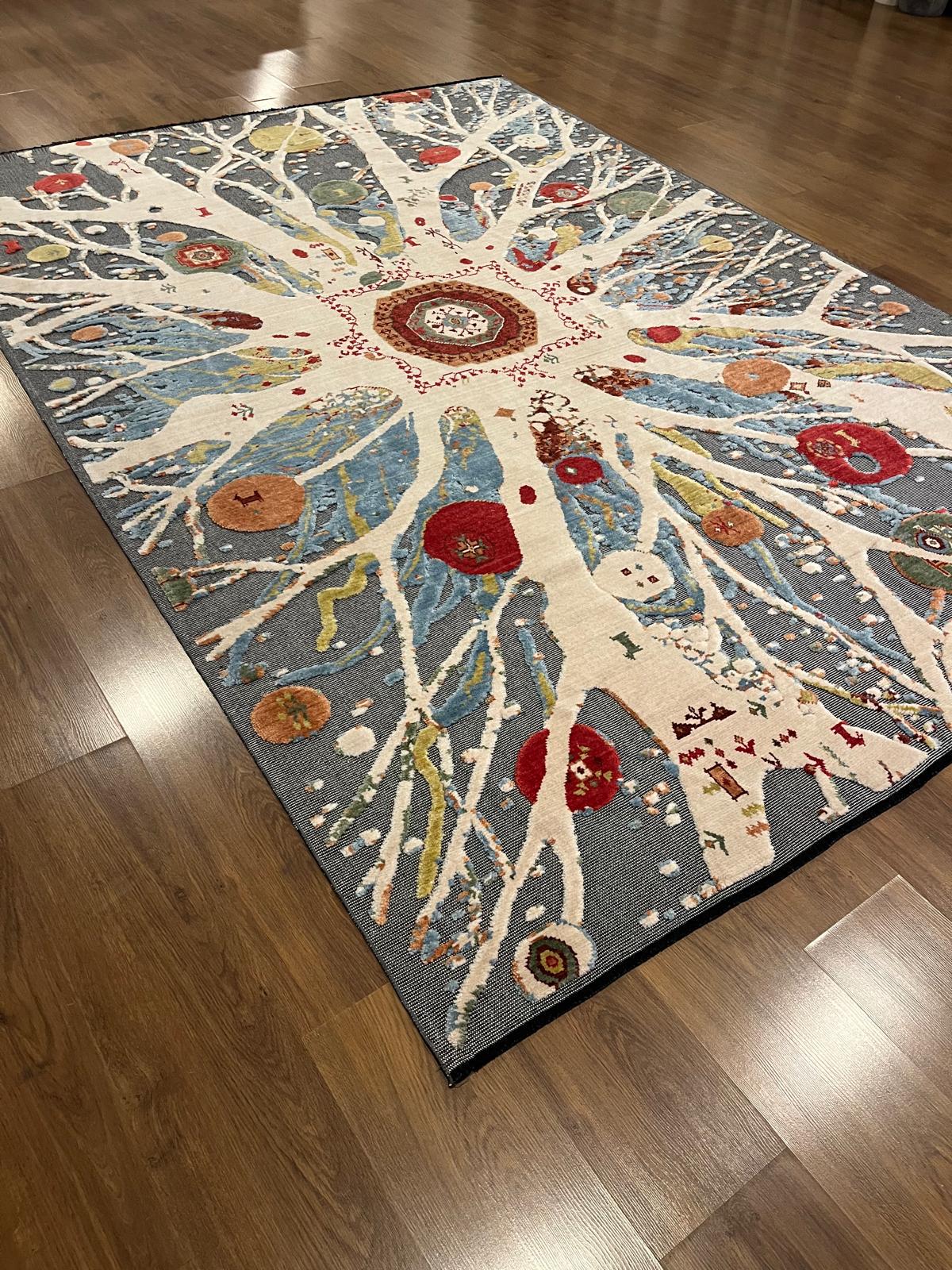 7x10ft, Tree of Life Wool Rug, Designed Folk Art Area Rug, Bohemian Nature Decor