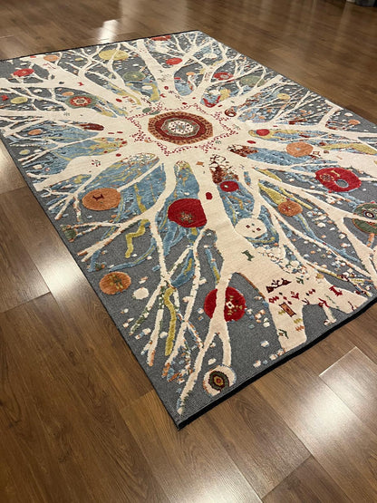7x10ft, Tree of Life Wool Rug, Designed Folk Art Area Rug, Bohemian Nature Decor