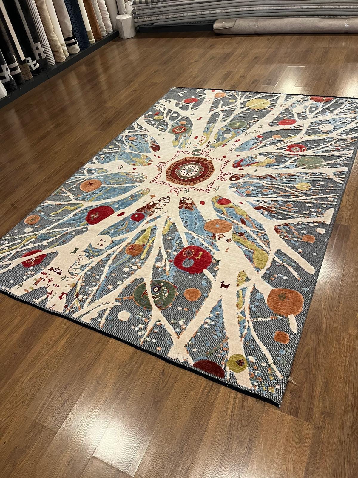7x10ft, Tree of Life Wool Rug, Designed Folk Art Area Rug, Bohemian Nature Decor