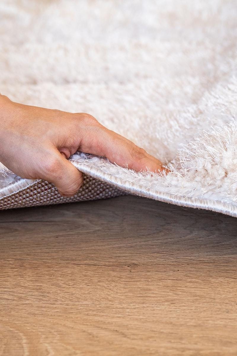 Contemporary Beige Shaggy Area Rug with Geometric Border – Soft High Pile Modern Carpet