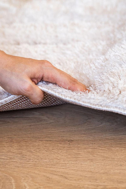 Contemporary Beige Shaggy Area Rug with Geometric Border – Soft High Pile Modern Carpet